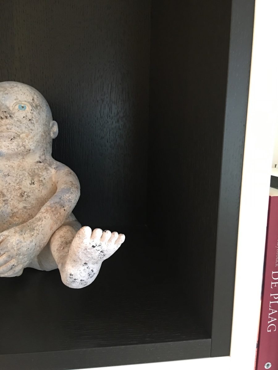 Moderne boekenkast op maat met als blikvanger zwarte nissen.